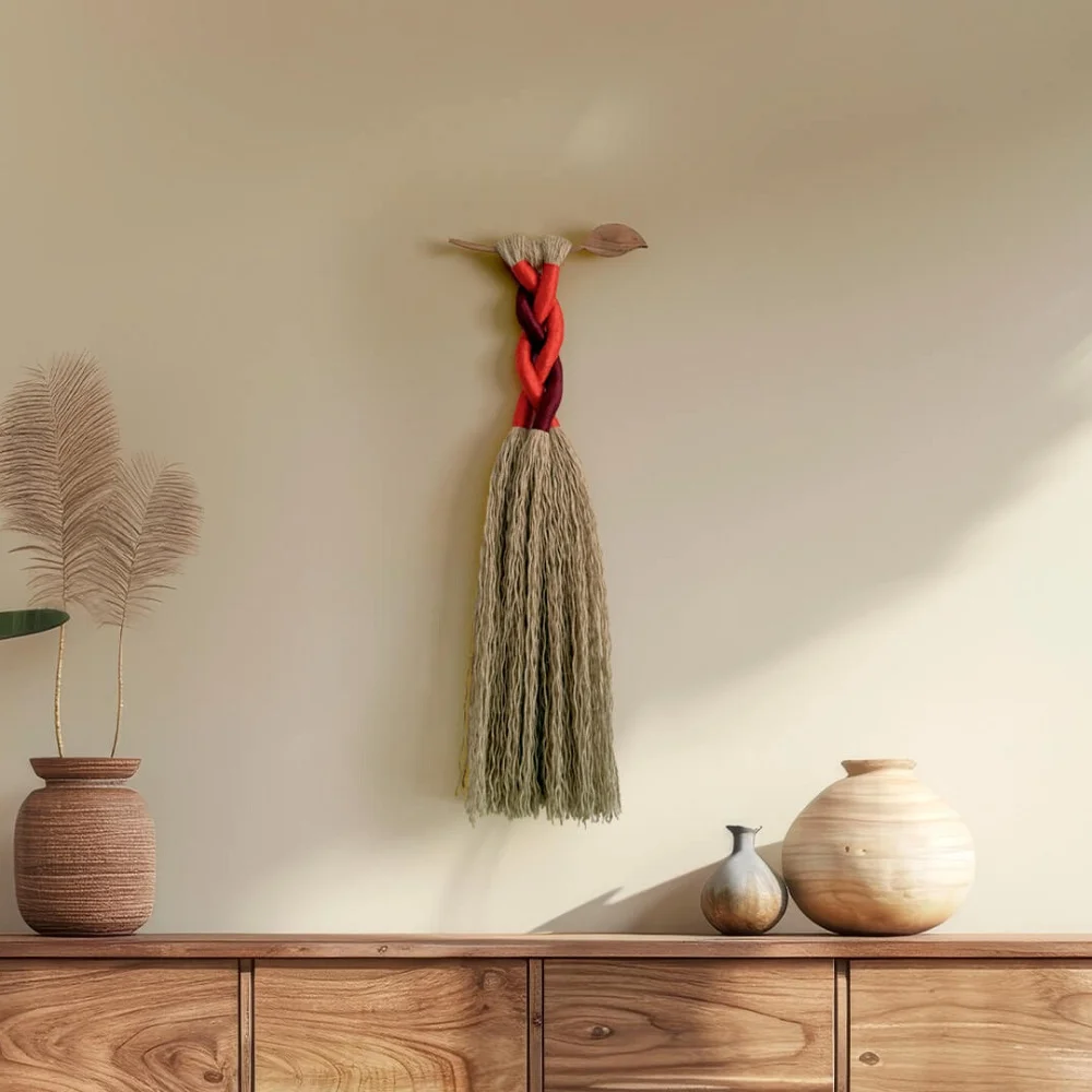 Estela. Colgante textil en yute y bambú sobre madera de nogal